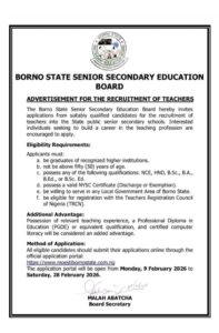 Apply for Borno State Secondary School Teachers Recruitment 2026